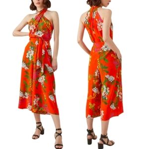 KAREN MILLEN Silk Tropical Floral Print Halter Neck Jumpsuit - Size S